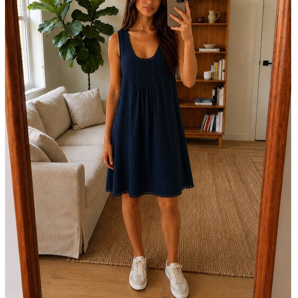 Vintage Y2K Juicy Couture Tank Dress Small Navy Crochet Trim Knit Linen Cotton‎